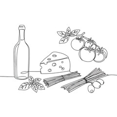 White Italian Food Ingredients Illustration with Transparent Background: A Detailed Vector Graphic Featuring Cheese, Olive Oil Bottle, Pasta