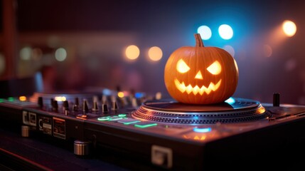 Jack-o'-lantern on DJ turntable with festive lights for Halloween party, vibrant atmosphere, unique decoration and spooky vibe for celebration