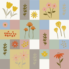 Bauhaus Modern Floral Seamless Pattern with Geometric Pastel Blocks and Botanical Elements