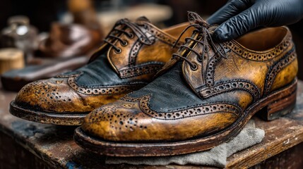 Beautifully restored vintage shoes displayed in a workshop during the day, showcasing craftsmanship and attention to detail