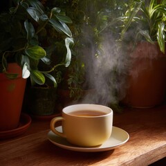 Cozy Corner with Cup of Drip Coffee and Vapor Among Plants