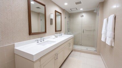 Modern hotel bathroom with elegant design featuring double sink vanities, large mirrors, glass shower, and soft color palette for a serene atmosphere