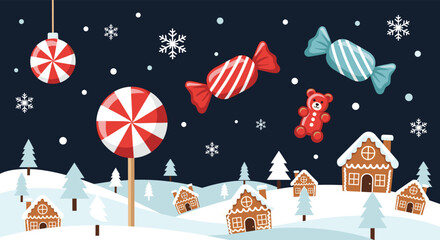 A whimsical winter wonderland filled with festive holiday treats and snow.