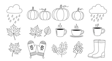 Cozy autumnal icons representing a delightful harvest season filled with warm drinks and changing leaves.
