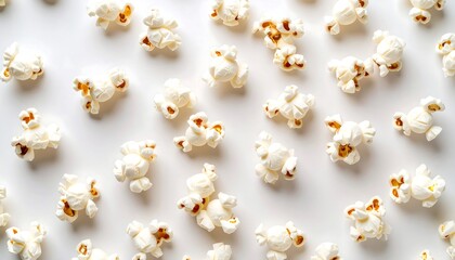 Popcorn scattered on a white background