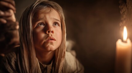 By candlelight, a child prophet receives a vision that glows with mystery, innocence, and divine wisdom.
