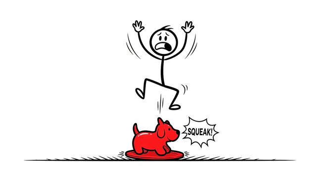 Stick figure jumping in surprise after stepping on a red squeaky dog toy, funny cartoon illustration