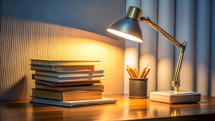 Obraz premium Warm desk lamp illuminates stack of books and pencils, creating a cozy study ambiance for focused learning.