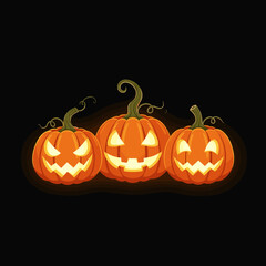 Three glowing jack-o-lanterns on a black background for Halloween.