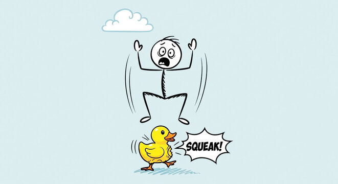 Funny stick figure cartoon character jumping in exaggerated fear from a small squeaky rubber duck, humor concept