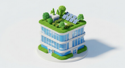 Ecofriendly building with green roof and solar panels sustainable architecture concept with renewable energy source 3d render