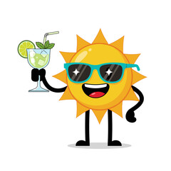 Happy Cartoon Sun Character Wearing Sunglasses Holding a Refreshing Cocktail.