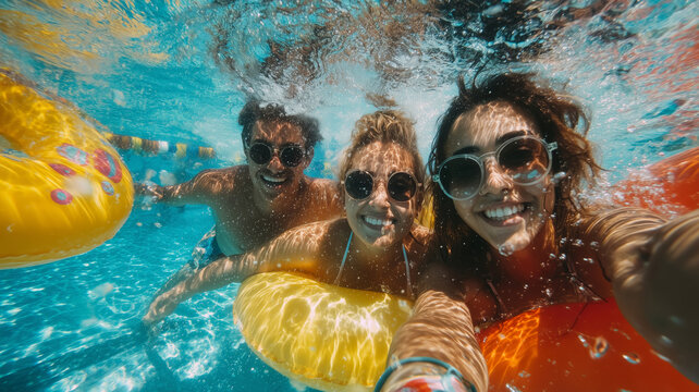 Friends having fun splashing and playing with an air lilo ball indoors