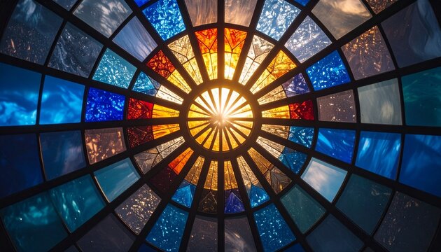 Sunburst stained-glass panel, concentric triangular panes radiating from a central circle - Powered by Adobe