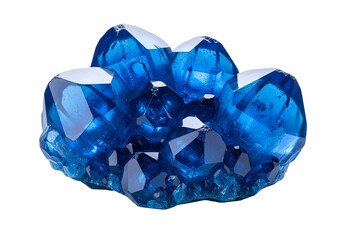 A vibrant cluster of deep blue crystals displays intricate facets against a stark black backdrop.