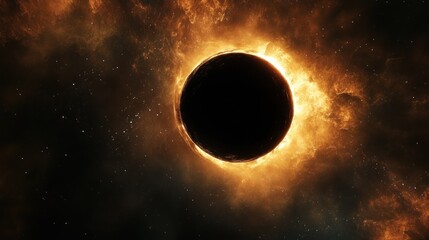 Naklejka premium Dark planet with glowing orange aura in starry space