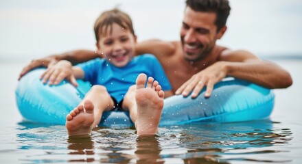 Joyful caucasian father and son enjoying summer fun in blue inflatable pool
