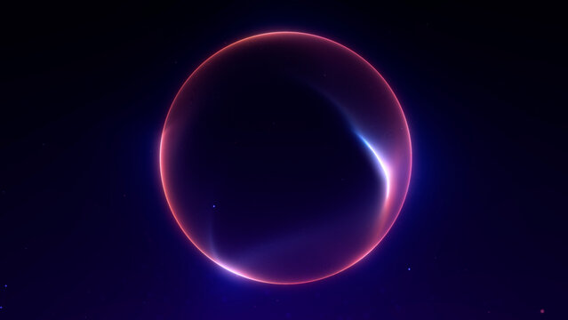 Abstract glowing sphere with red and violet gradient light on dark background. Futuristic plasma energy ball, sci-fi cosmic digital shape.