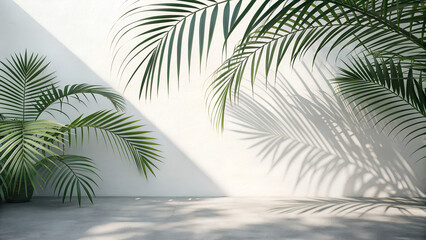 Tropical palm leaves shadow on white wall, minimal natural background