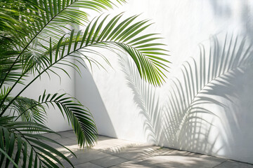Tropical palm leaves shadow on white wall, minimal natural background