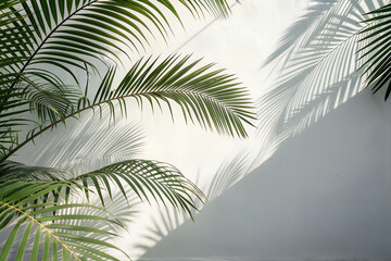 Tropical palm leaves shadow on white wall, minimal natural background