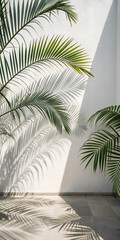 Tropical palm leaves shadow on white wall, minimal natural background