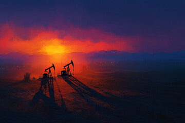 Silhouetted oil pumps at sunset symbolize the powerful and essential role of the fossil fuel industry in the global economy and its deep connection to Earth's resources.