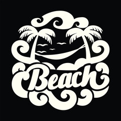 Vintage Style Beach Illustration with Palm Trees Hammock and Ornate Lettering a Retro Tropical Vacation Design in Muted Tones