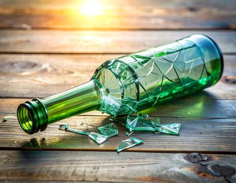 Broken green bottle on wooden surface