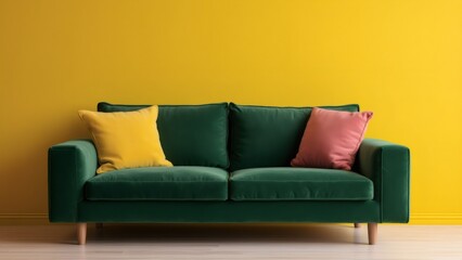 Fototapeta premium Emerald velvet sofa with accent pillows against a yellow wall, indoors.