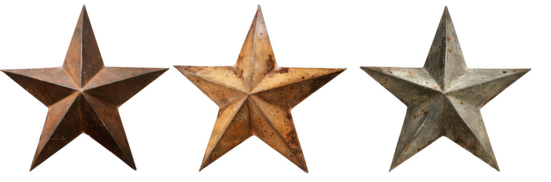 High quality photo of three rustic metal stars isolated on transparent background.
