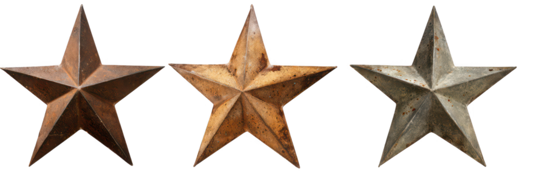 High quality photo of three rustic metal stars isolated on transparent background.