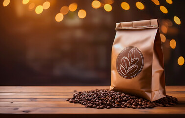 Coffee bag mockup with roasted beans on wooden table and bokeh lights