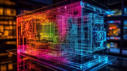 Abstract transparent technology industrial computer concept with wireframe structure