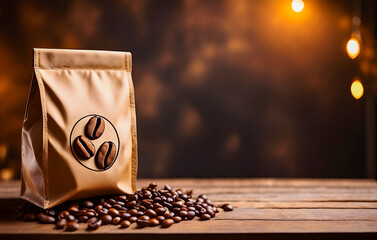 Coffee bag mockup with roasted beans on wooden table and bokeh lights