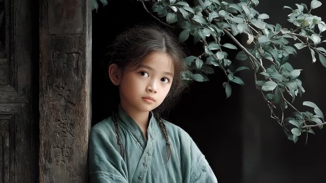 Tranquil smile of an ancient style girl and the beauty of oriental artistic conception