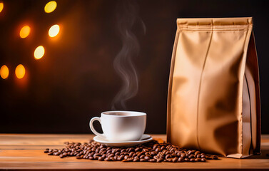 Coffee cup with steam and brown paper bag on wooden table with roasted beans and warm bokeh lights
