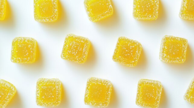 Pattern of yellow jelly candies on white background