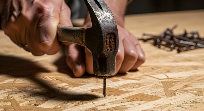 Close Up of Hammer Driving Nail into Wood Grain Plank in Bright Indoor Lighting