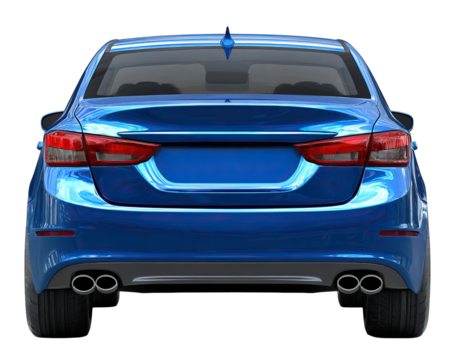 Blue Glossy Car Rear View on Transparent Background
