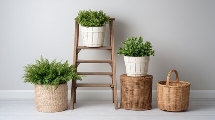 Fototapeta premium Stylish interior arrangement featuring potted plants on wooden ladder and woven baskets in modern minimalistic space with neutral tones and natural decor