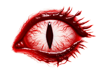 A close-up, dramatic image of a blood-filled eye, with intricate blood vessels and sharp, spiked edges, evoking a sense of horror and macabre fascination.
