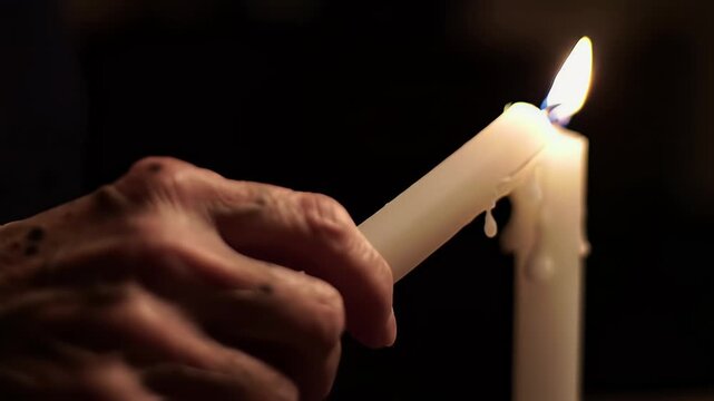 Hand holding candle lighting for memorial remembrance and celebration