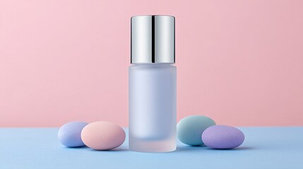 Elegant cosmetic bottle with cap surrounded by pastel colored eggs on soft blue and pink background for beauty and skincare branding concepts
