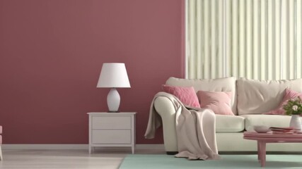 A living room scene featuring a light beige sofa, pink accents, and vertical blinds. - Powered by Adobe