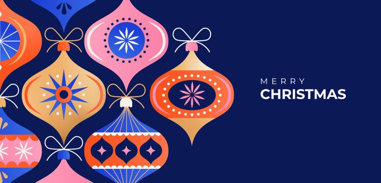 Colorful Christmas ornaments and vintage baubles. Banner background in modern minimalist geometric style.