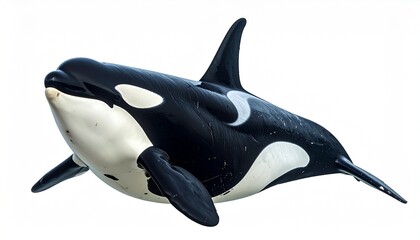 Fototapeta premium Killer whale with striking black and white pattern tall dorsal fin strong tail flukes and dominant ocean predator sea animal isolated on white background 