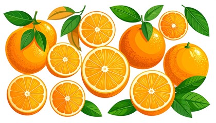 Colorful orange slices and whole oranges with leaves