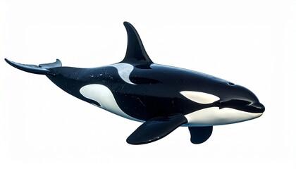 Killer whale with striking black and white pattern tall dorsal fin strong tail flukes and dominant ocean predator sea animal isolated on white background