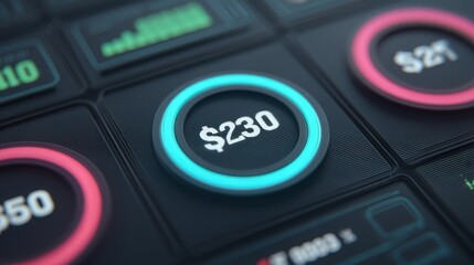 Digital user interface displaying futuristic financial numbers and buttons for payments, transactions, and data analysis in modern financial technology design